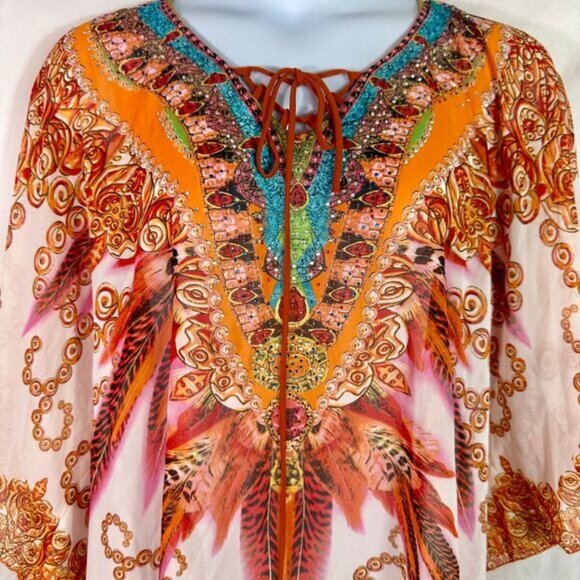 White Mark Sheer Colorful Tribal Print Lace up Swim Cover-up Kaftan One Size - Picture 3 of 8